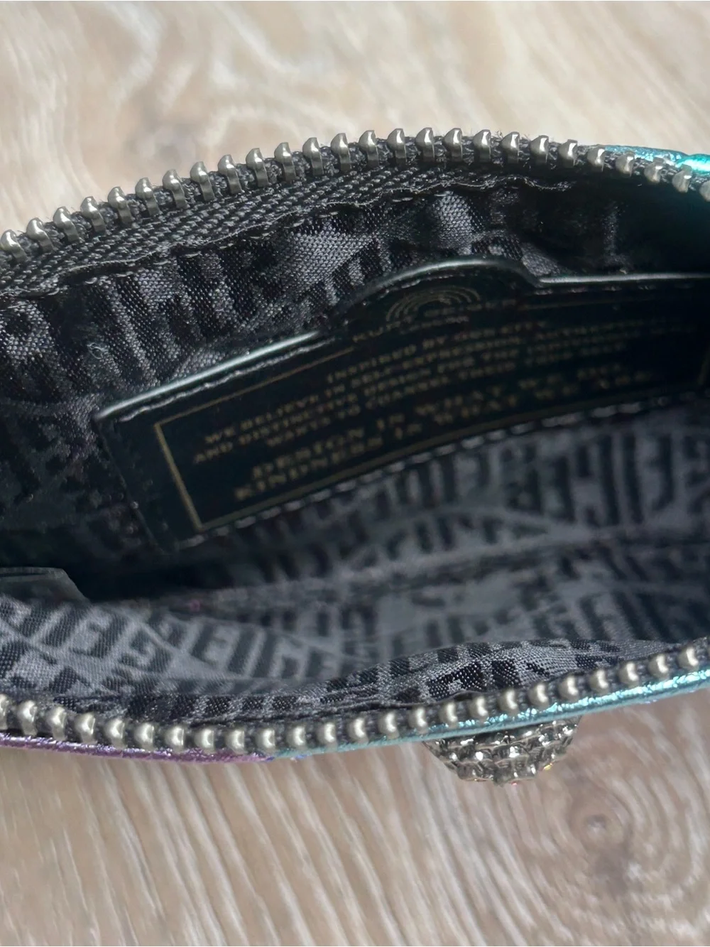 Kurt Geiger Metallic Rainbow Leather Pouch & Wallet Set - Teal, Purple, Gold